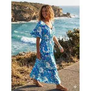 Abel The Label Blue Floral Maxi Dress Large L Smocked Waist Rayon Flutter Sleeve